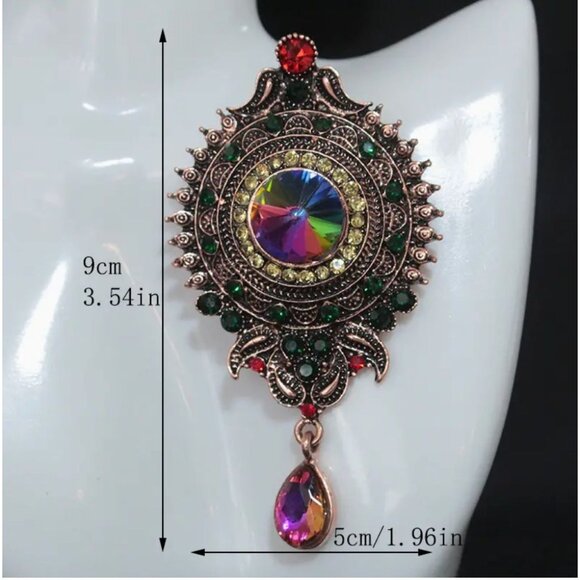 Victorian Style Crystal Brooch Pin Watermelon Rivoli Gold Tone - Picture 2 of 2